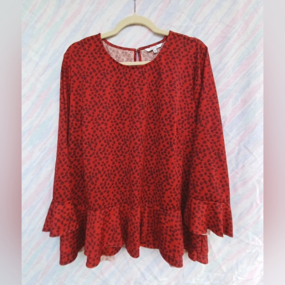 Red Alfred Sung XXL Blouse with leaf pattern